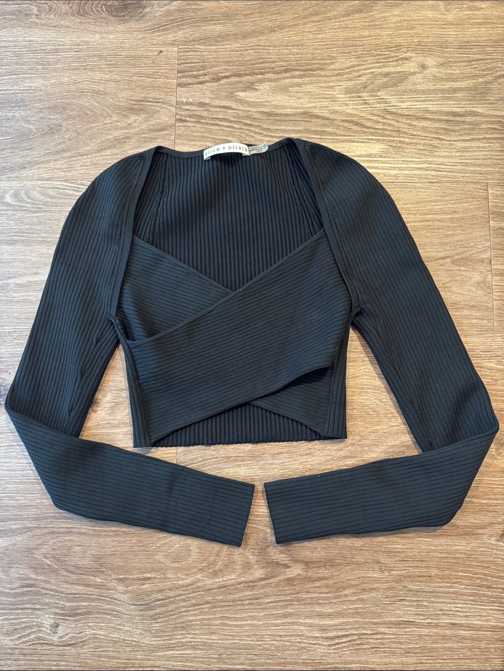 Alice + Olivia Black Ribbed Wrap Crop Long Sleeve Top (xs)